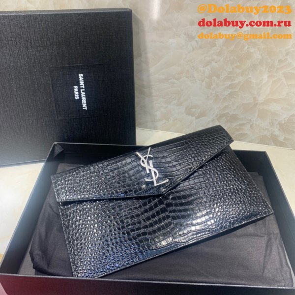 YSL Top Quality Clutch in embossed crocodile shiny black leather