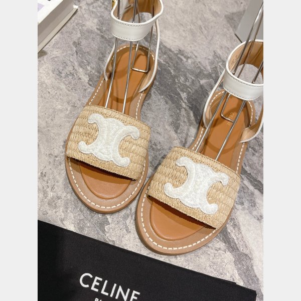 Top Quality Celine LYMPIA FLAT STRAP SANDAL in RAFFIA & CALFSKIN